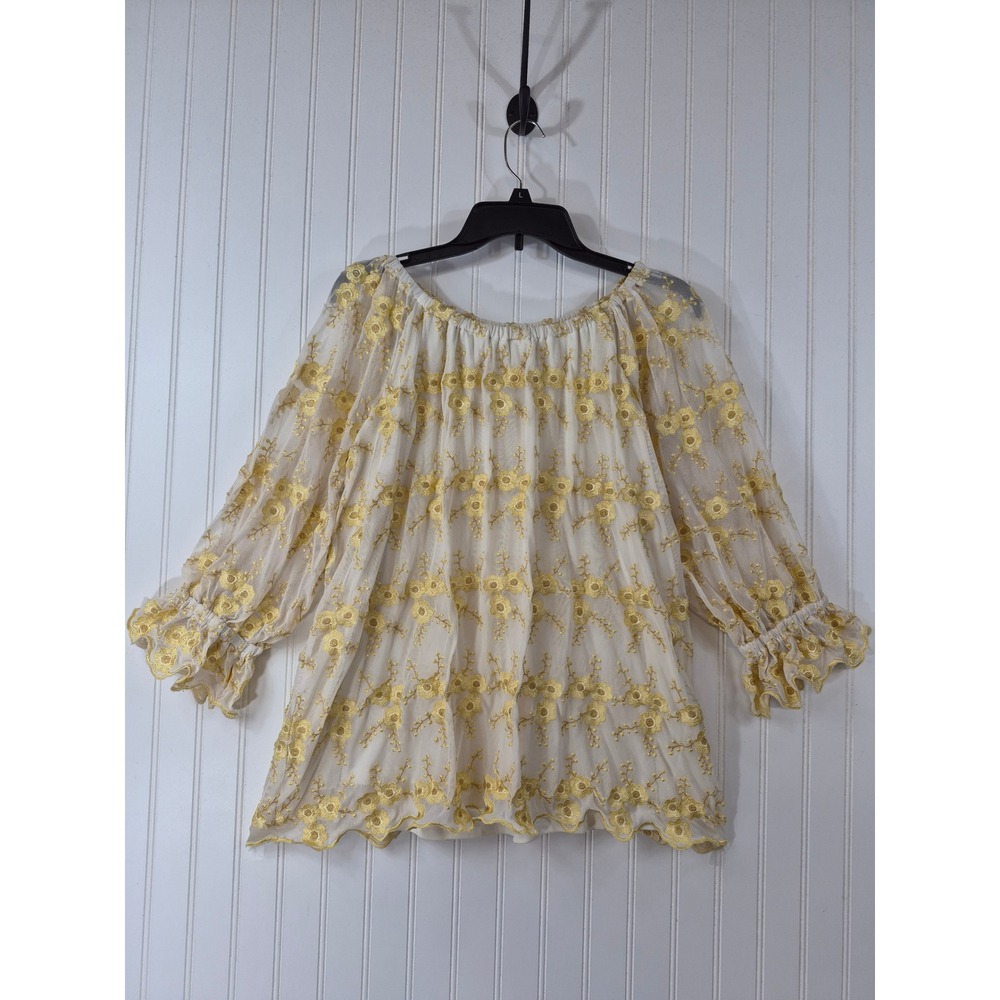 Skye's The Limit XL Yellow Floral Embroidered Mesh Ruffle Sleeve Blouse Top